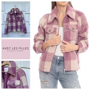 NWT Avec Les Filles Purple Plaid Zip Front Cropped Shacket‎ Soft Cozy Size M